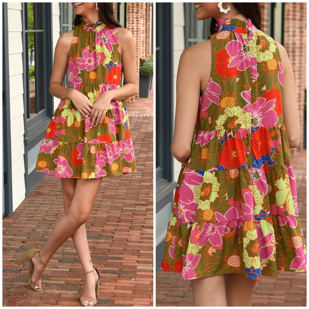 TCEC Floral Mock Neck Tiered Short Swing  Dress - Picture 2 of 8